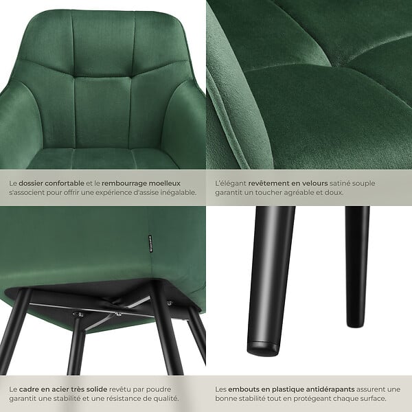 TECTAKE - Lot 6 chaises rembourrées en velours matelassé et dossier vert foncé - large