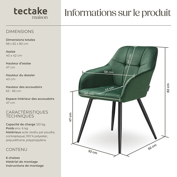 TECTAKE - Lot 6 chaises rembourrées en velours matelassé et dossier vert foncé - large