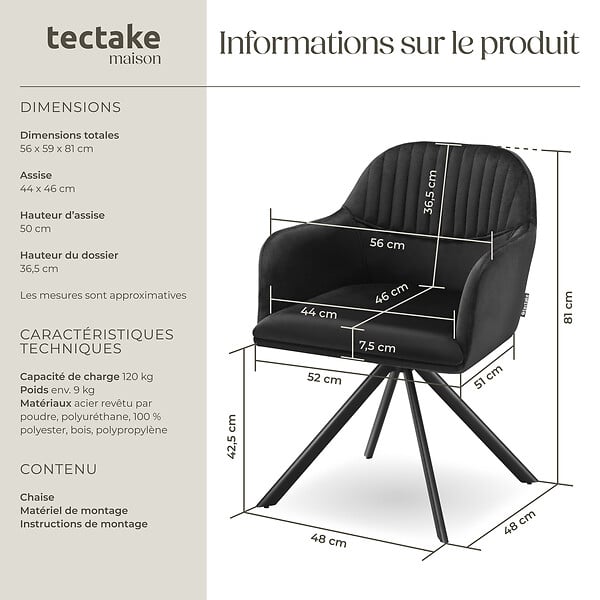 TECTAKE - Chaise pivotante à 360° en velours avec rembourrage épais noir - large