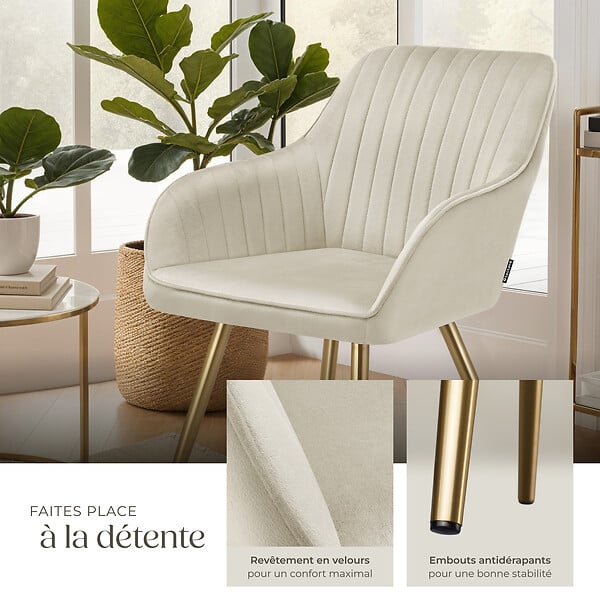 TECTAKE - Lot 2 chaises de salle à manger aspect velours matelassé crème/or - large
