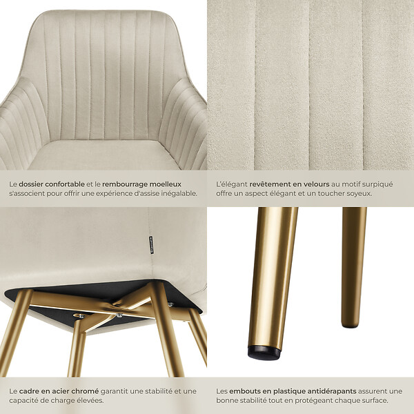 TECTAKE - Lot 2 chaises de salle à manger aspect velours matelassé crème/or - large