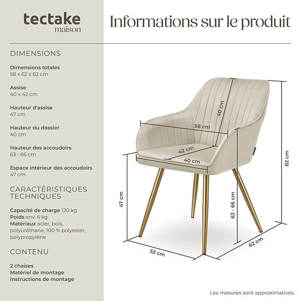 TECTAKE - Lot 2 chaises de salle à manger aspect velours matelassé crème/or - large