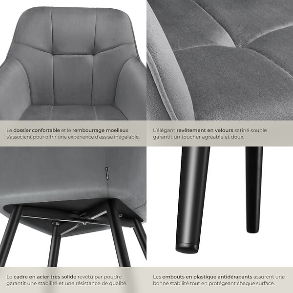 TECTAKE - Lot 2 chaises rembourrées en velours matelassé et dossier continu gris - large