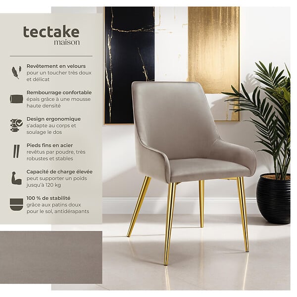 TECTAKE - Lot 4 chaises rembourrées aspect velours forme ergonomique taupe - large