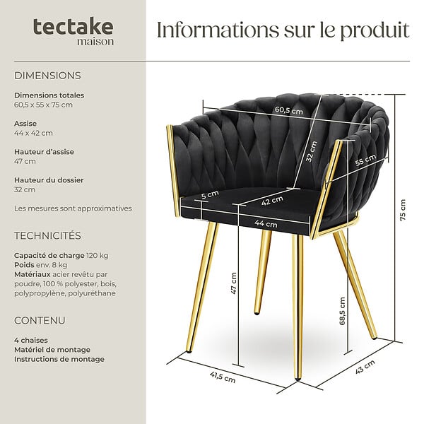 TECTAKE - Lot 4 chaises de salle à manger en velours design noué noir/or - large