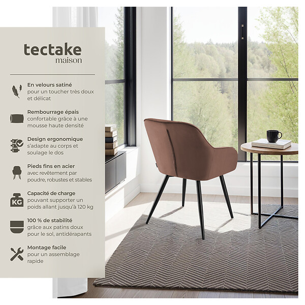 TECTAKE - Lot 6 chaises rembourrées en velours matelassé et dossier continu brun - large