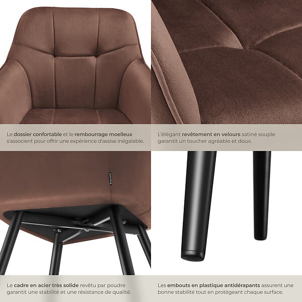 TECTAKE - Lot 6 chaises rembourrées en velours matelassé et dossier continu brun - large