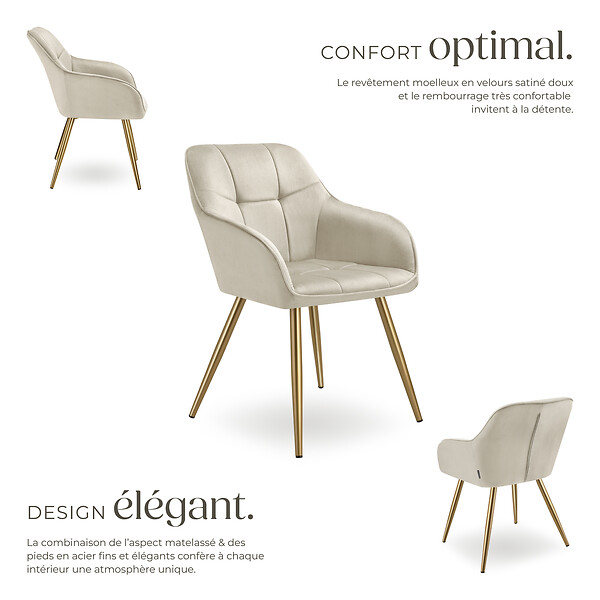 TECTAKE - Lot 2 chaises de salle à manger avec aspect velours capitonné crème/or - large