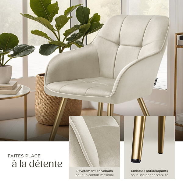 TECTAKE - Lot 2 chaises de salle à manger avec aspect velours capitonné crème/or - large