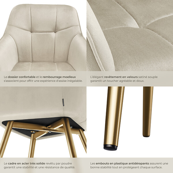TECTAKE - Lot 2 chaises de salle à manger avec aspect velours capitonné crème/or - large