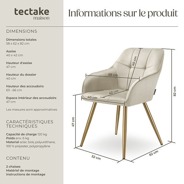 TECTAKE - Lot 2 chaises de salle à manger avec aspect velours capitonné crème/or - large