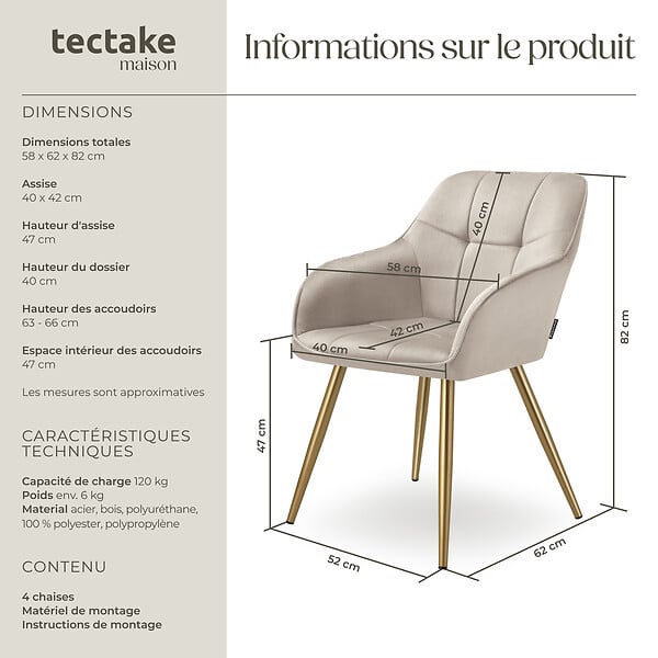 TECTAKE - Lot 4 chaises de salle à manger avec aspect velours capitonné taupe/or - large