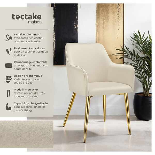 TECTAKE - Lot 6 Fauteuils aspect velours rembourrés avec dossier continu beige - large