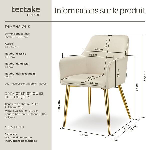 TECTAKE - Lot 6 Fauteuils aspect velours rembourrés avec dossier continu beige - large