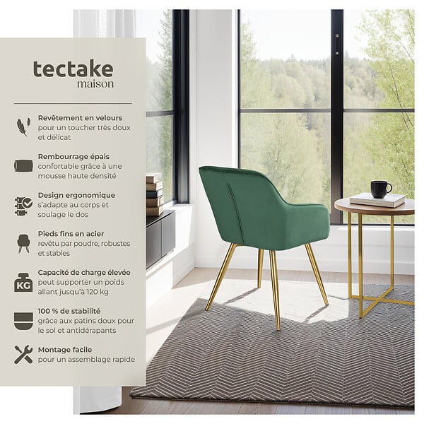 TECTAKE - Chaise Rembourrée aspect velours Dossier ergonomique vert foncé/or - large