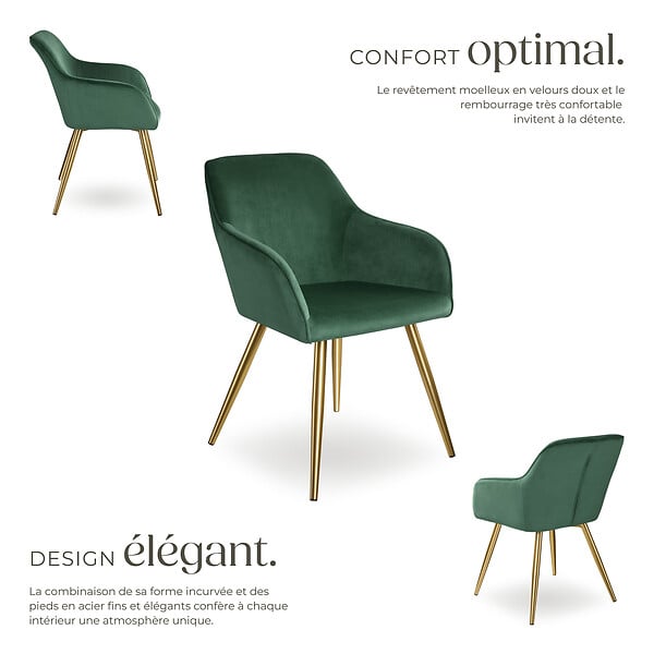 TECTAKE - Chaise Rembourrée aspect velours Dossier ergonomique vert foncé/or - large