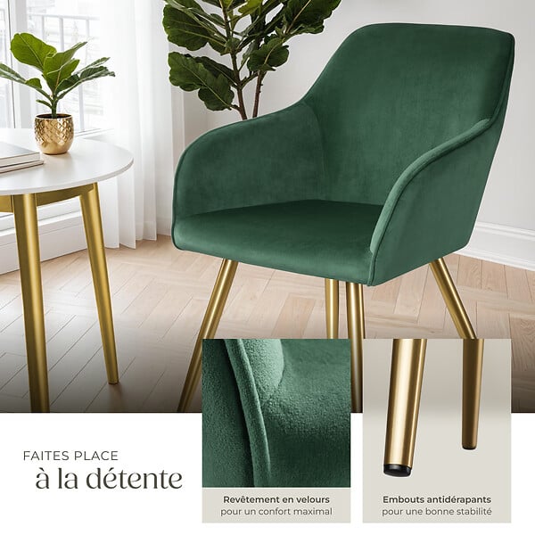 TECTAKE - Chaise Rembourrée aspect velours Dossier ergonomique vert foncé/or - large