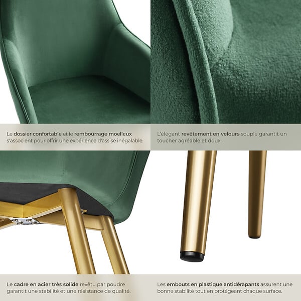 TECTAKE - Chaise Rembourrée aspect velours Dossier ergonomique vert foncé/or - large