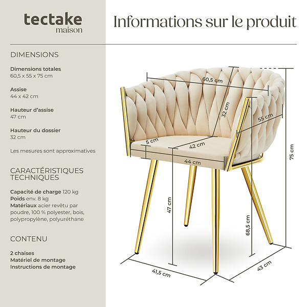 TECTAKE - Lot 2 chaises de salle à manger en velours design noué sable/or - large