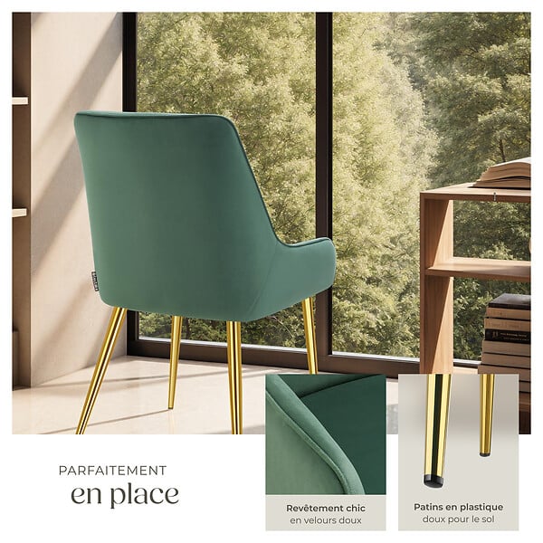TECTAKE - Lot 4 chaises rembourrées aspect velours forme ergonomique vert - large
