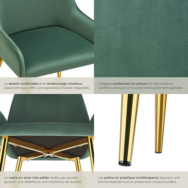 TECTAKE - Lot 4 chaises rembourrées aspect velours forme ergonomique vert - large