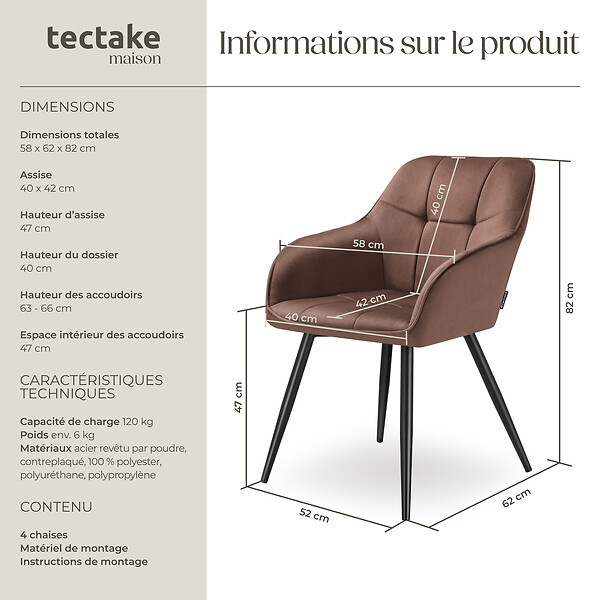 TECTAKE - Lot 4 chaises rembourrées en velours matelassé et dossier continu brun - large