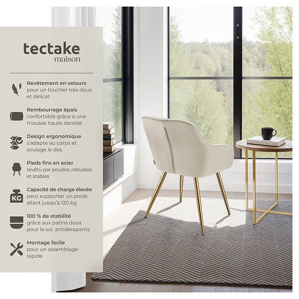 TECTAKE - Chaise de salle à manger avec aspect velours capitonné crème/doré - large