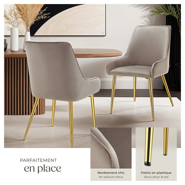 TECTAKE - Lot 2 chaises rembourrées aspect velours forme ergonomique taupe - large