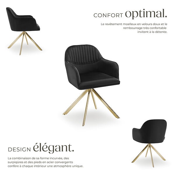 TECTAKE - Lot 4 chaises pivotantes à 360° en velours avec rembourrage noir/or - large