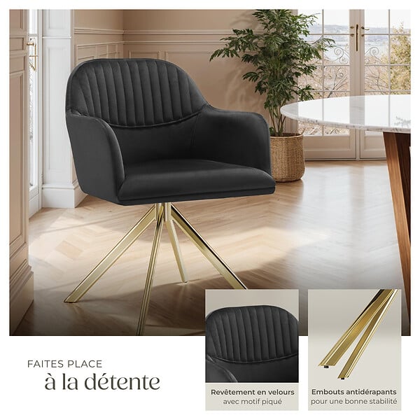 TECTAKE - Lot 4 chaises pivotantes à 360° en velours avec rembourrage noir/or - large