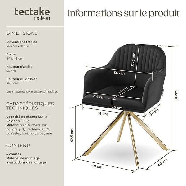 TECTAKE - Lot 4 chaises pivotantes à 360° en velours avec rembourrage noir/or - large