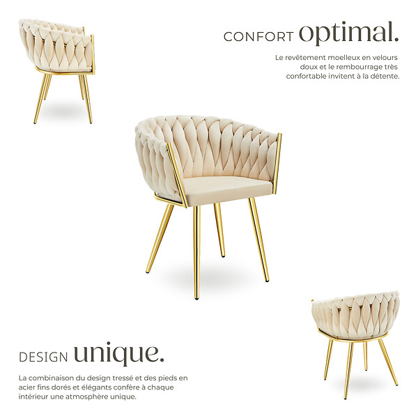 TECTAKE - Lot 6 chaises de salle à manger en velours design noué sable/or - large