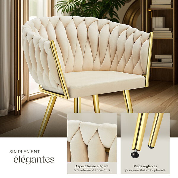 TECTAKE - Lot 6 chaises de salle à manger en velours design noué sable/or - large