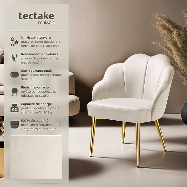 TECTAKE - Fauteuil cocktail rembourré avec revêtement en velours crème/or - large