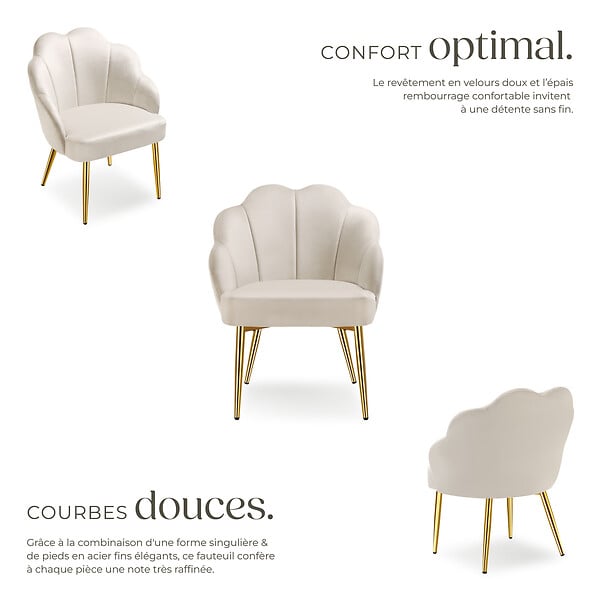 TECTAKE - Fauteuil cocktail rembourré avec revêtement en velours crème/or - large
