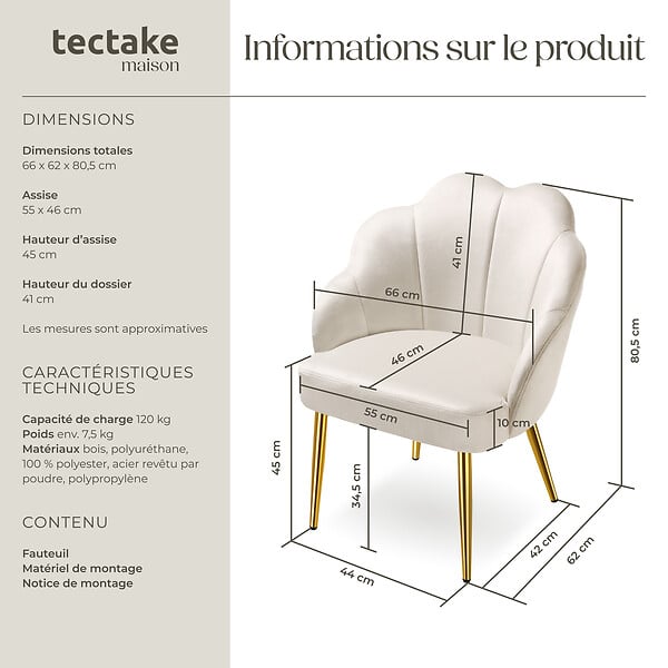 TECTAKE - Fauteuil cocktail rembourré avec revêtement en velours crème/or - large
