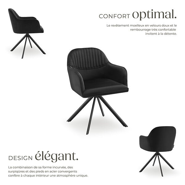 TECTAKE - Lot de 4 chaises pivotantes à 360° en velours avec rembourrage noir - large