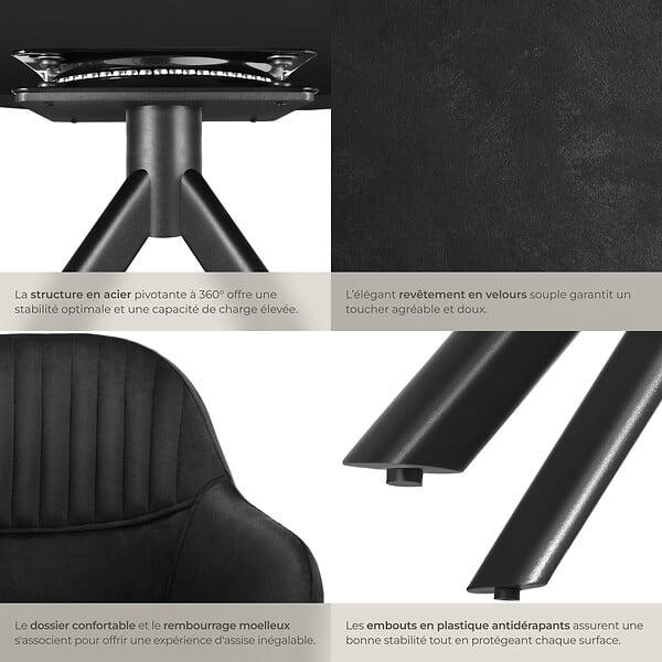 TECTAKE - Lot de 4 chaises pivotantes à 360° en velours avec rembourrage noir - large