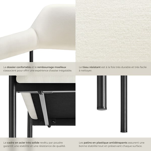 TECTAKE - Lot 2 fauteuils rembourrés pieds en acier dossier continu noir/blanc - large