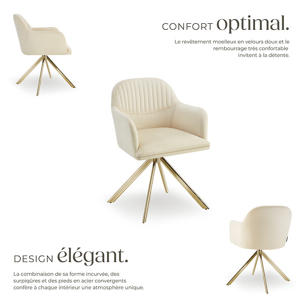 TECTAKE - Lot de 6 chaises pivotantes à 360° en velours rembourrées crème/or - large