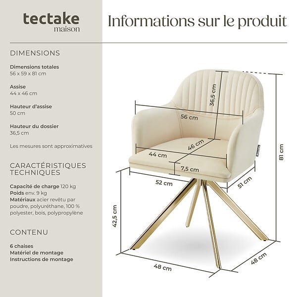 TECTAKE - Lot de 6 chaises pivotantes à 360° en velours rembourrées crème/or - large