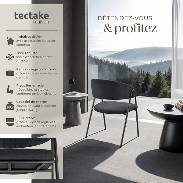 TECTAKE - Lot 4 Fauteuils rembourré ergonomique en tissu 150kg max noir - large