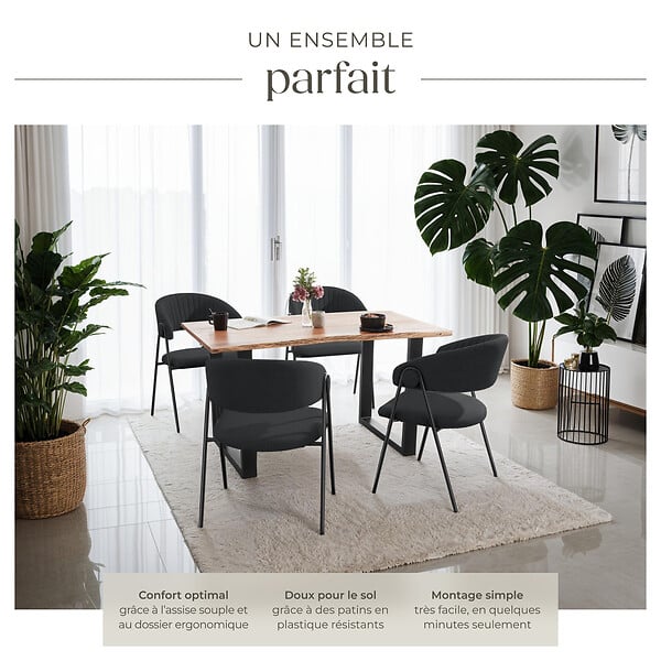 TECTAKE - Lot 4 Fauteuils rembourré ergonomique en tissu 150kg max noir - large