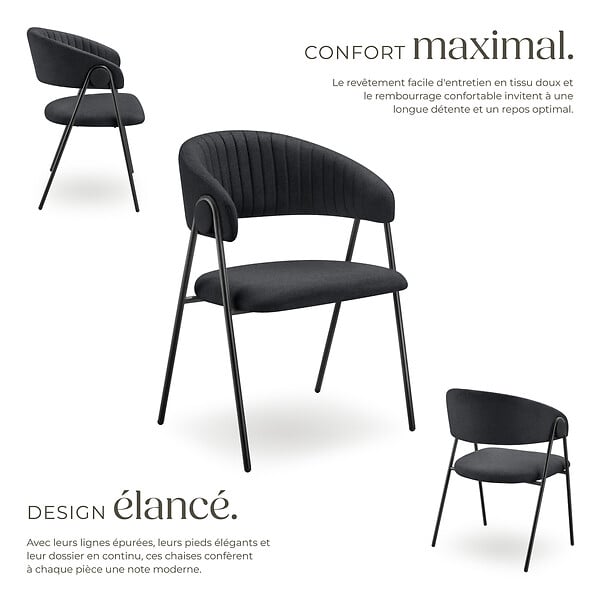 TECTAKE - Lot 4 Fauteuils rembourré ergonomique en tissu 150kg max noir - large