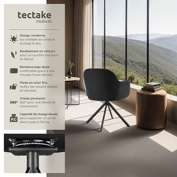 TECTAKE - Lot de 6 chaises pivotantes à 360° en velours avec rembourrage noir - large