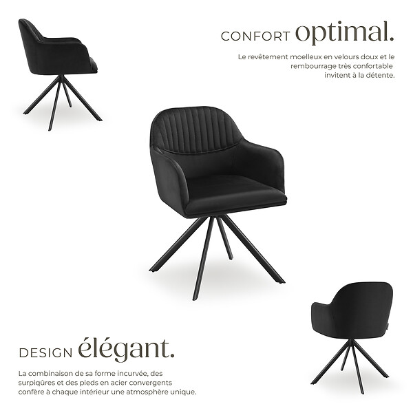 TECTAKE - Lot de 6 chaises pivotantes à 360° en velours avec rembourrage noir - large