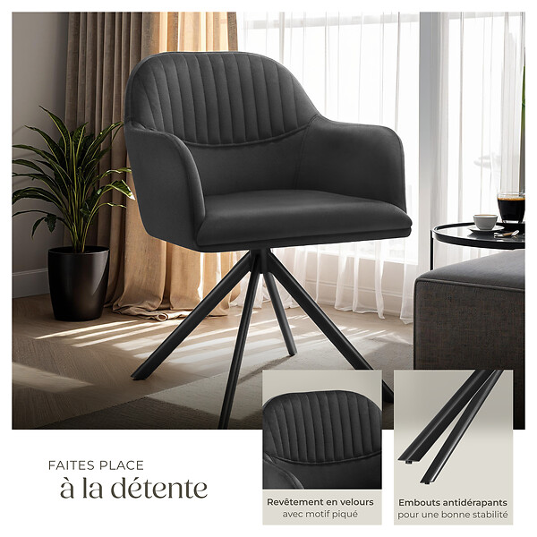 TECTAKE - Lot de 6 chaises pivotantes à 360° en velours avec rembourrage noir - large