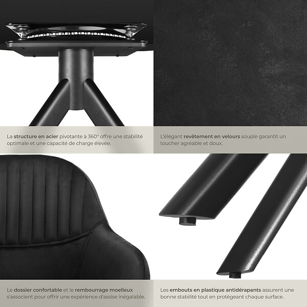 TECTAKE - Lot de 6 chaises pivotantes à 360° en velours avec rembourrage noir - large