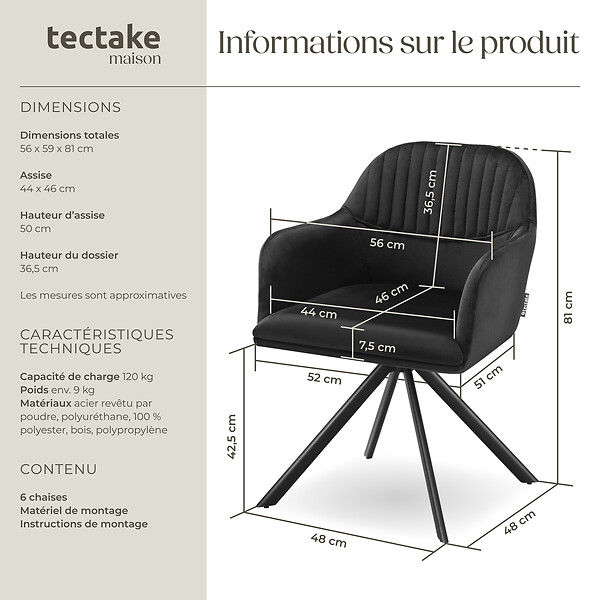TECTAKE - Lot de 6 chaises pivotantes à 360° en velours avec rembourrage noir - large