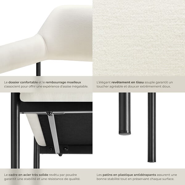 TECTAKE - Lot 4 fauteuils rembourrés pieds en acier dossier continu noir/blanc - large